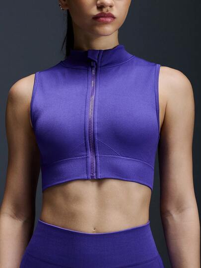 Powerista 女士夏季时尚纯色拉链运动背心和短裤套装