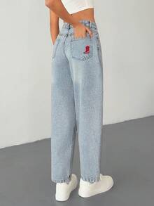 Women's Pocketed Embroidered Casual Loose Fit Flared Jeans - Light Wash - View 2