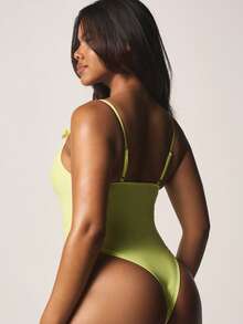 MISSGUIDED Plunge Neck One Piece Swimsuit With Bow Detail Spaghetti Straps V Neckline High Cut Leg Summer Beach Monokini - Yellow - View 3