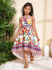 SHEIN Đầm thời trang thường ngày cho bé gái tuổi teen, họa tiết hoa nhiệt đới, không tay, dây mảnh, hở lưng, vạt bất đối xứng, xếp ly, phối nhiều lớp. - Nhiều màu - Xem 4