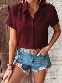 Breezaya Áo sơ mi tay ngắn cài nút phía trước đơn giản, áo tay ngắn - Màu Đỏ Sâu - Xem 3