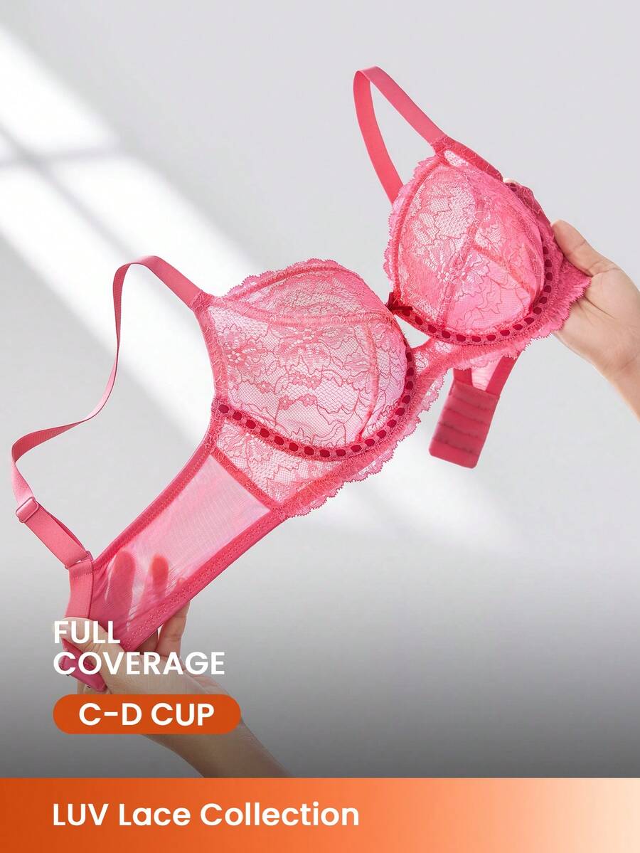 LUVLETTE Full Coverage Breathable Unlined  Pink Lace Elegance & Mesh Keyhole Detail Lingerie Lounge Curve Sheer Minimizer Bridal Intimates Romantic  Valentine's Day GiftsBra - Hot Pink - View 1