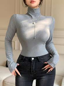 DAZY Kaos Lengan Panjang Slim Fit Kerah Tinggi Wanita, Abu-abu, Musim Semi/Gugur - Hitam - View 2