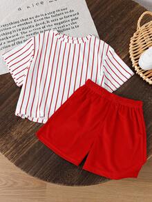 SHEIN Little Byeori 2 件套年轻男孩休闲街头时尚可爱卡通动物图案超大圆领短袖 T 恤和蓝色短裤夏季服装 - 紅色 - 查看 4