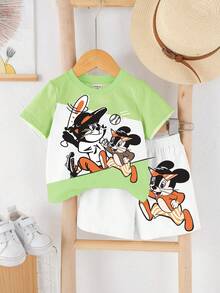 Bộ đồ 2 món cho bé trai, gồm áo thun cổ tròn tay ngắn và quần short họa tiết hoạt hình, thích hợp cho mùa hè. - Nhiều màu - Xem 2