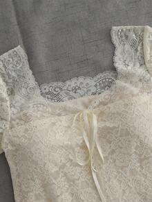 Glimmora 新款杏色蕾丝系带短袖修身女式衬衫 - 杏色 - 查看 4