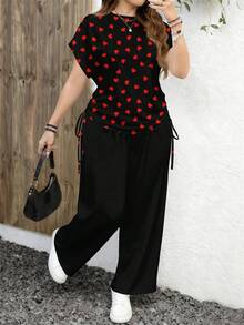 EMERY ROSE Bộ 2 món dành cho nữ cỡ lớn, kiểu dáng thường ngày, in hình trái tim, phối màu tương phản, phù hợp cho mọi mùa. - Nhiều màu - Xem 1