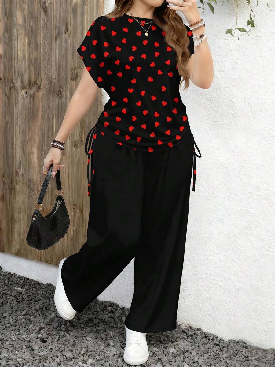 EMERY ROSE Bộ 2 món dành cho nữ cỡ lớn, kiểu dáng thường ngày, in hình trái tim, phối màu tương phản, phù hợp cho mọi mùa. - Nhiều màu - Xem 1