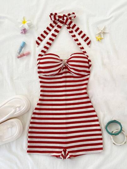Elamini Damen rotes gestreiftes Strick-Jacquard-Jumpsuit mit Bindegürtel und Schnallen-Dekor, elegant & süß für Frühling/Sommer Urlaub, Strand, Einkaufen, Dates, Alltag