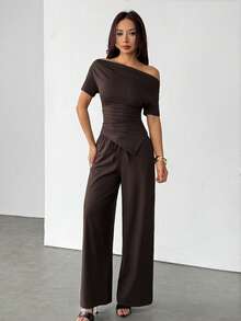 SHEIN PETITE Autumn/Winter Solid Brown Sexy Asymmetric Neck Women Short Sleeve Top & Pants 2 Pieces Set Autumn/Winter Thermal Lining Women's Knitted 2 Pieces Set Basic Knit Women's Asymmetric Neck Top - Brown - View 7