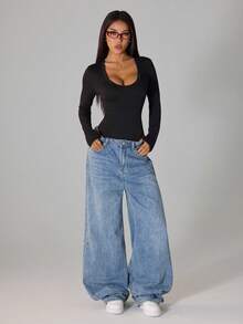 SHEIN PETITE 3件套休闲纯色针织修身长袖心形领连体衣，女士长袖连体衣，性感连体衣，一体式连体衣，女士连体衣，女士性感服装 - 彩色 - 查看 5