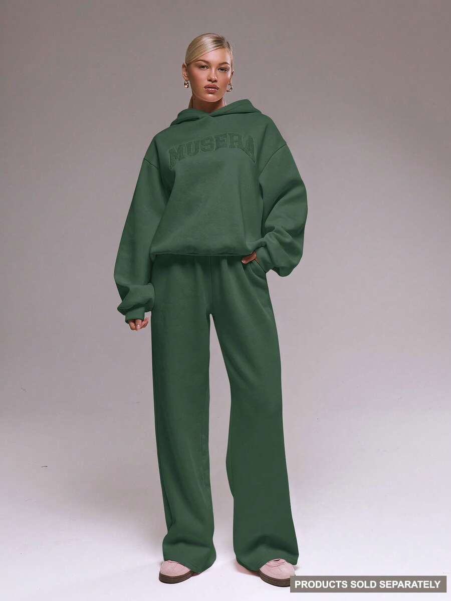 MUSERA Flocking Wide Leg Joggers Tracksuit Bottoms Only Winter Cute Casual Cosy - Dark Green - View 1