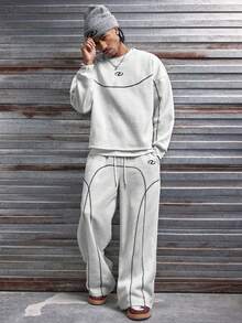 AXEPEAK Men's Casual Standard Size Pullover Sweatshirt, Round Neck Grey Patchwork With Silkscreen Print, Spring/Autumn - Grey - View 7