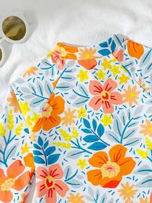 Young Girl Floral Print Raglan Long Sleeve Rash Guard One-Piece Swimsuit,Front Zipper UV Protection Bathing Suit For Summer,Beach,Holiday,Pool Party - Yellow - View 4