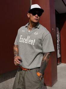 DAZY 男士字母印花半拉链灰色T恤，夏季款 - 灰色 - 查看 6