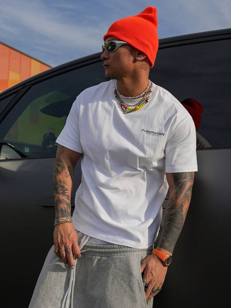 Men's Letter Print White Crew Neck Short Sleeve T-Shirt, Summer