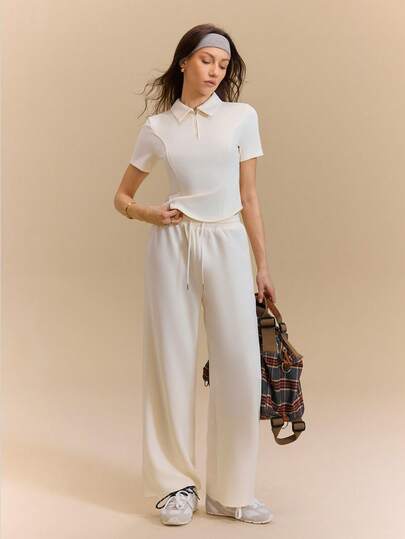 Hanevo 2pcs Women Casual Elegant Sports Running Workout Polo Collar Half-Placket Short Sleeve T-Shirt And Straight Leg Pants Set, Solid Color, Spring/Summer