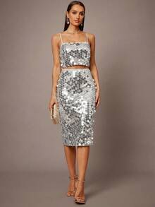 Silquee 2pcs/Set Sexy Red Spaghetti Strap Bodycon Dress - Silver - View 4