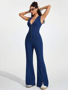 Jeanoix 女士深V领拉链前开衩下摆性感无袖牛仔连体裤 - 中等水洗藍 - 查看 3