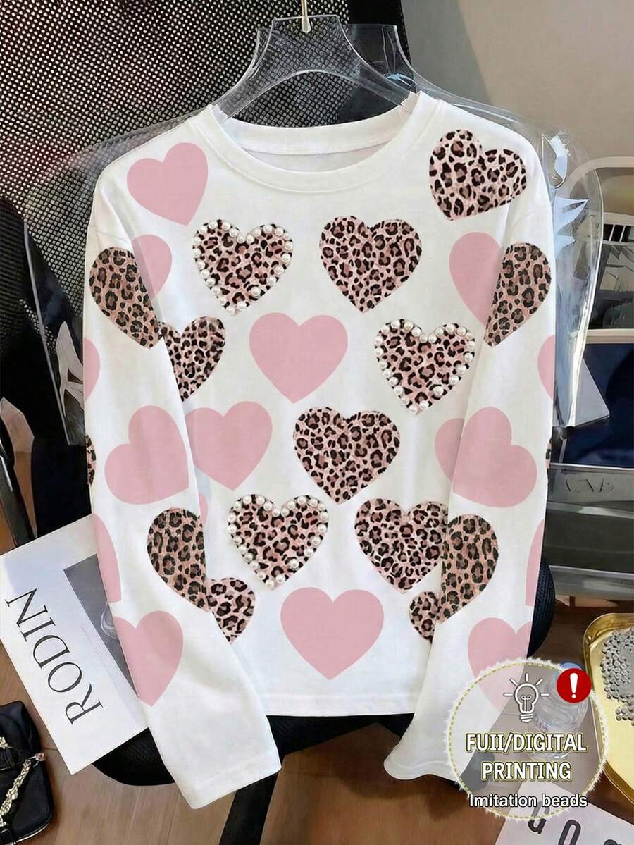 Resyla Women's Long Sleeve Leopard Print Heart Studded T-Shirt