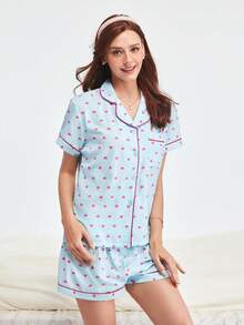 Bonmuse Bộ đồ ngủ mùa hè in hình trái tim nhỏ 2 món cho nữ, áo sơ mi cài nút tay ngắn và quần short, đồ mặc nhà thường ngày cho mùa hè., Bộ đồ hai món - Màu xanh lam - Xem 6