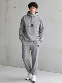 Vacaura 2pcs/Set Teenage Boys' Minimalist High Street Hooded Half-Zip Jacket Paired With Tapered Woven Pants, Jacket With Embroidered Logo, Comfortable Fabric, Versatile Colors, Suitable For School And Casual Wear, Autumn/Winter