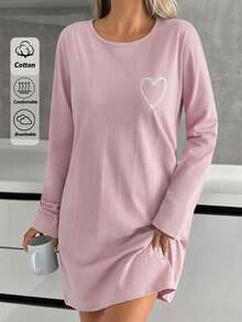 Soft & Skin-Friendly Heart Print Long Sleeve Nightgown - Pink - View 1