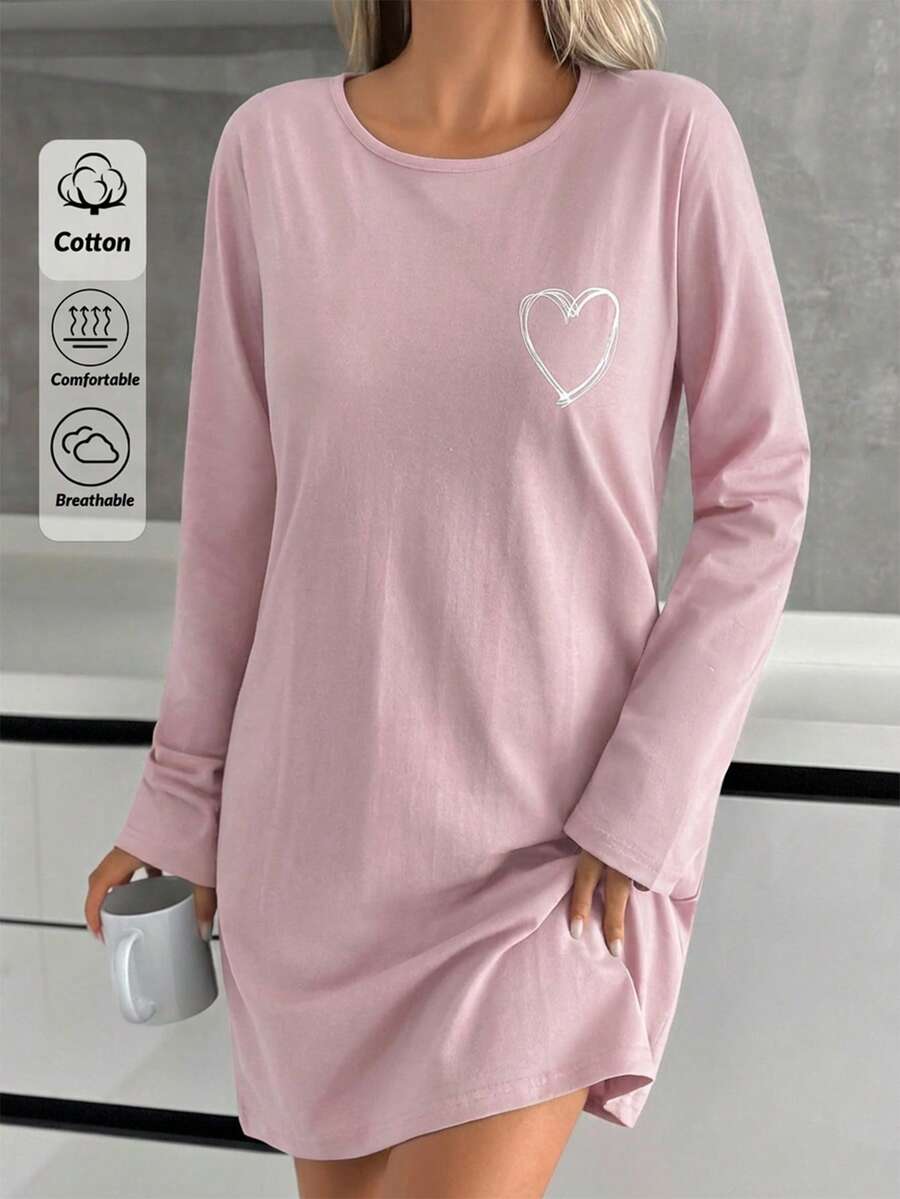 Soft & Skin-Friendly Heart Print Long Sleeve Nightgown - Pink - View 1