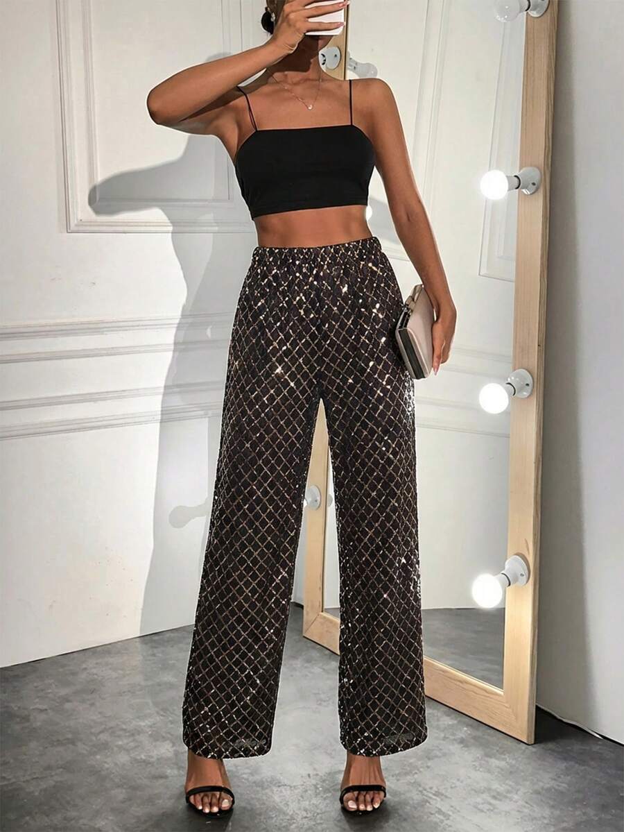 EURMUSE Women's Rhombus Pattern Casual Versatile Commuting Wide-Leg Pants - Gold - View 1