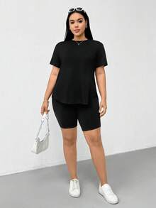 Shapeblank 大码女装春夏时尚休闲宽松高弹舒适日常百搭黑色短袖T恤和紧身短裤两件套，夏季服装，街头风，机场穿搭，简约风格 - 黑色 - 查看 5