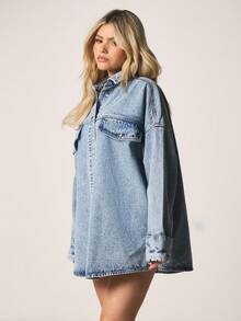 MISSGUIDED Oversized Press Stud Western Denim Shirt With Collared Neckline And Long Sleeves For Casual Outerwear Fall Winter - Blue - View 4