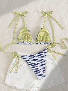 Swim Vcay Bộ bikini 2 mảnh gợi cảm, thời trang và ngọt ngào với nơ buộc vai, không gọng, có đệm mút tháo rời dành cho nữ. - Màu xanh lam - Xem 2