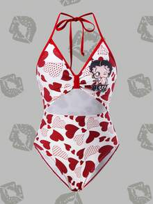 Betty Boop x SHEIN Women's Summer Vacation Heart & Cartoon Pattern Hollow Out Halter One-Piece Swimsuit - Red and White - View 1