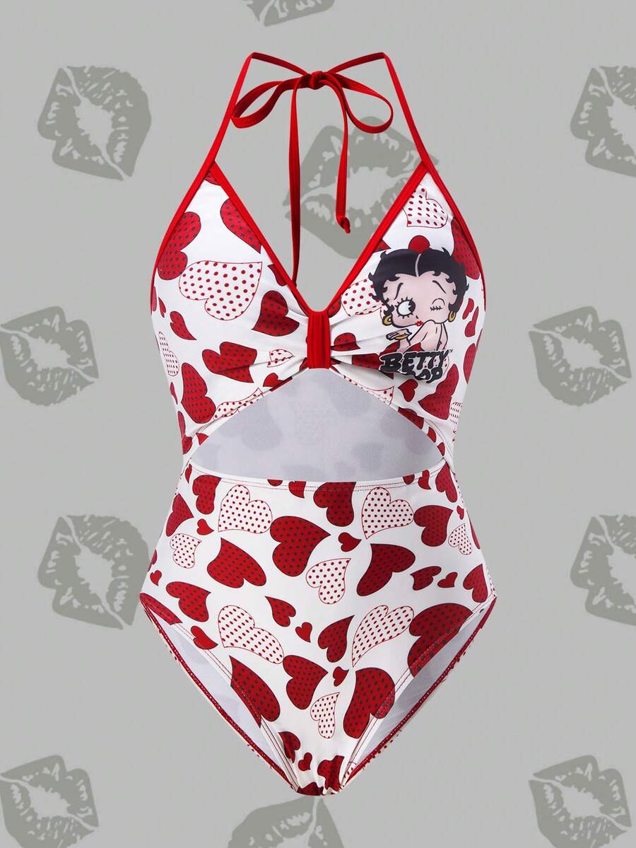 Betty Boop x SHEIN Women's Summer Vacation Heart & Cartoon Pattern Hollow Out Halter One-Piece Swimsuit - Red and White - View 1