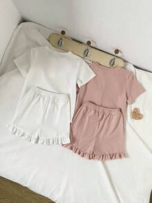 4-częściowy dziewczęcy, swobodny, prążkowany kardigan z okrągłym dekoltem i szorty, minimalistyczny, beżowo-różowy kolor o niskim nasyceniu - Wielokolorowe - Zobacz 3