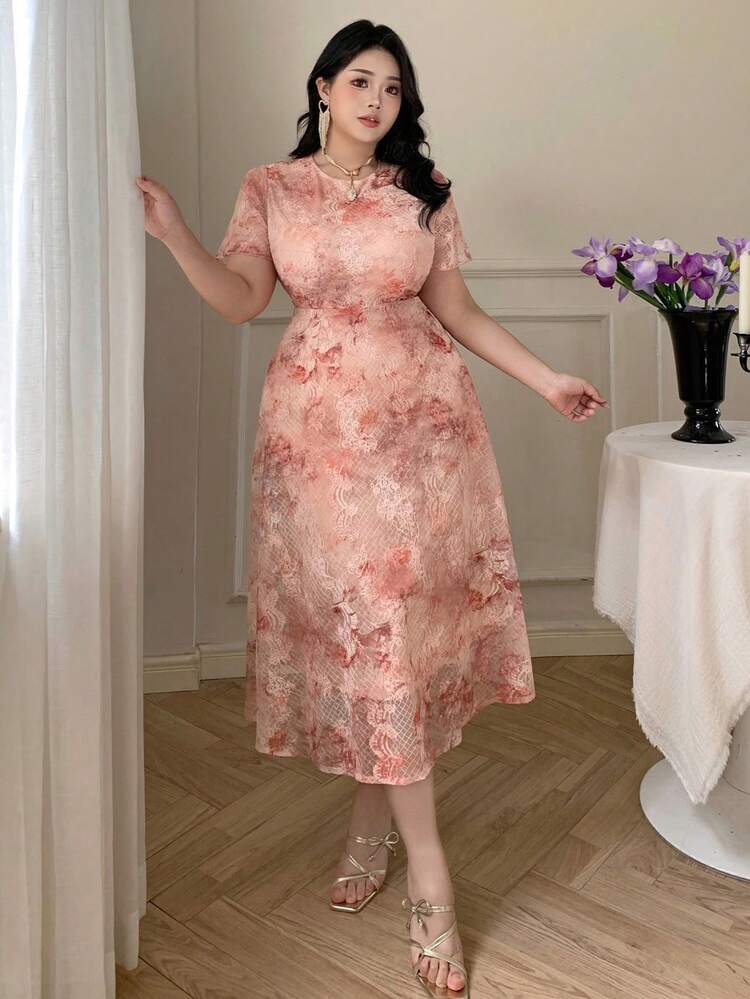 Dazy Plus Valentine Plus Size Women Lace Waist Cinched Midi Dress, Elegant Short Sleeve Round Neck Dress For Dates Sundress Floral Dresses For Women