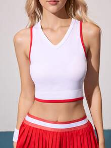 Gameset SHEIN Sport 1pc CourtClass Women Seamless High Stretch Contrast Trim V-Neck Sleeveless Racerback Sports Tank Top,White And Red,Summer,Athleisure,Gym Workout - White - View 6