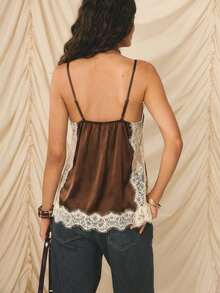 Aralina Elegant Beige Satin Lace Trim Spaghetti Strap Slim Fit Chic Vacation Outfits Women Cami Top - Coffee Brown - View 2