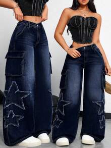 Jeanoix 大码纯色休闲牛仔裤 - 深色水洗藍 - 查看 2