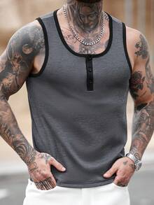 Manfinity CasualCool Men's Sleeveless Tank Top, Button Half-Placket, Slim Fit, Black & Grey Striped Jacquard Tank Top - Dark Grey - View 3