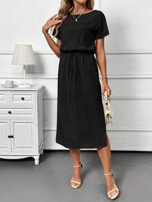 SHEIN Clasi Apricot Vacation Round Neck Short Sleeve Fitted Mid-Length Dress For Women, Suitable For Summer Casual, Holiday, Daily Commute - Black - View 4