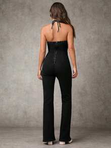 SHEIN BAE Women's Fashion Backless Halter Neck Denim Jumpsuit - Black - View 2