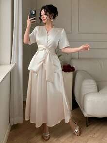 DAZY Conjunto de 2 peças com Blusa Elegante de Cor Sólida com Cinto em V e Saia de Cintura Elástica, Verão Primavera - Bege - Visão 3