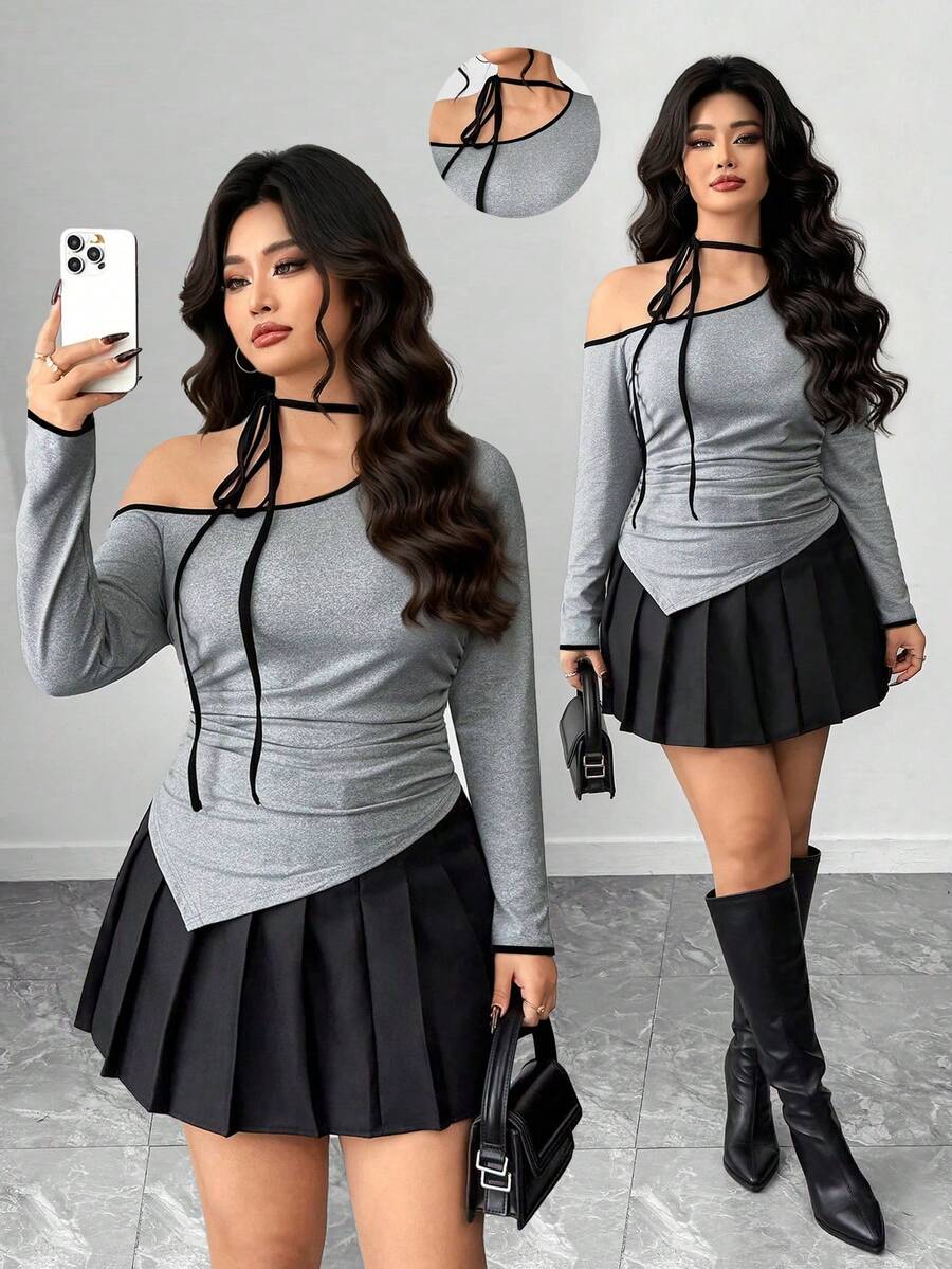 Elenzga Áo thun tay dài viền bất đối xứng họa tiết khối màu cỡ lớn dành cho nữ kèm dây đeo nơ - Màu xám đen - Xem 1