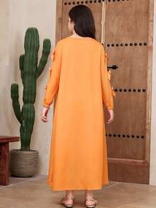 SHEIN Tween Girl Orange Floral Ombre Rose Pattern Patchwork Bow Decor Loose Wide Neck Long Sleeve Robe,Autumn Modest Wedding Guest Arabian Long Dress - Orange - View 2