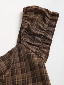 Sweetra 复古美式甜美学院风约会休闲学生音乐节束腰双层荷叶边A字棕色格子迷你连衣裙，春夏秋冬皆宜 - 咖啡棕 - 查看 4