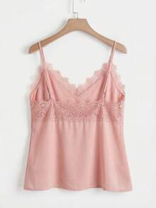 SHEIN Clasi Femmes grande taille Débardeur élégant de couleur unie avec dentelle contrastante - Rose pâle - Voir 2