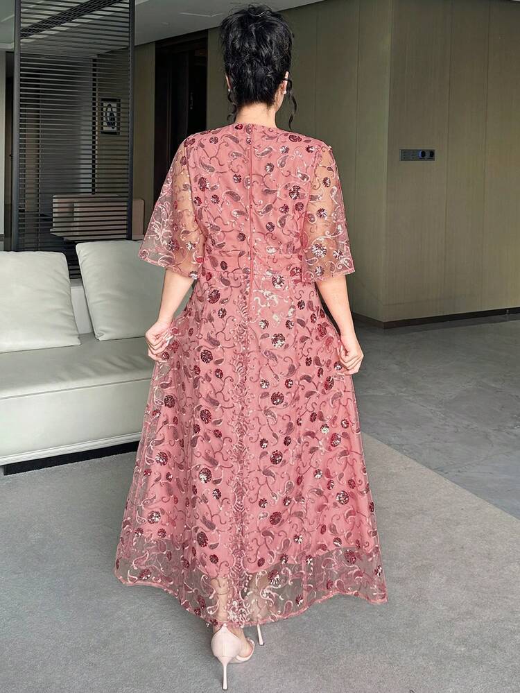 Dazy Plus Valentine Plus Size Women Sequin Embroidered V-Neck Waist Cinched Elegant Long Party Dress, Spring/Summer Sparkly Dress Sundress