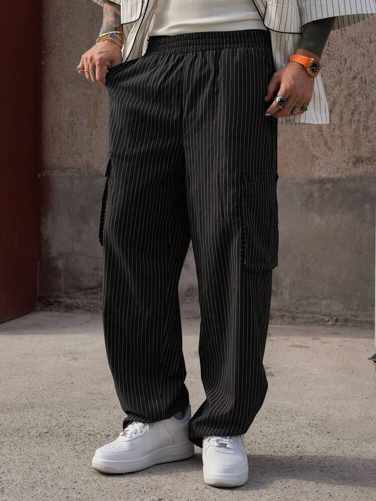 Men's Elastic Waist Striped Fabric Loose Fit Pants With Large Pockets, Spring