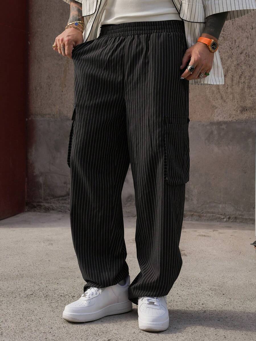 DAZY Men's Elastic Waist Striped Fabric Loose Fit Pants With Large Pockets, Spring - Black - View 1